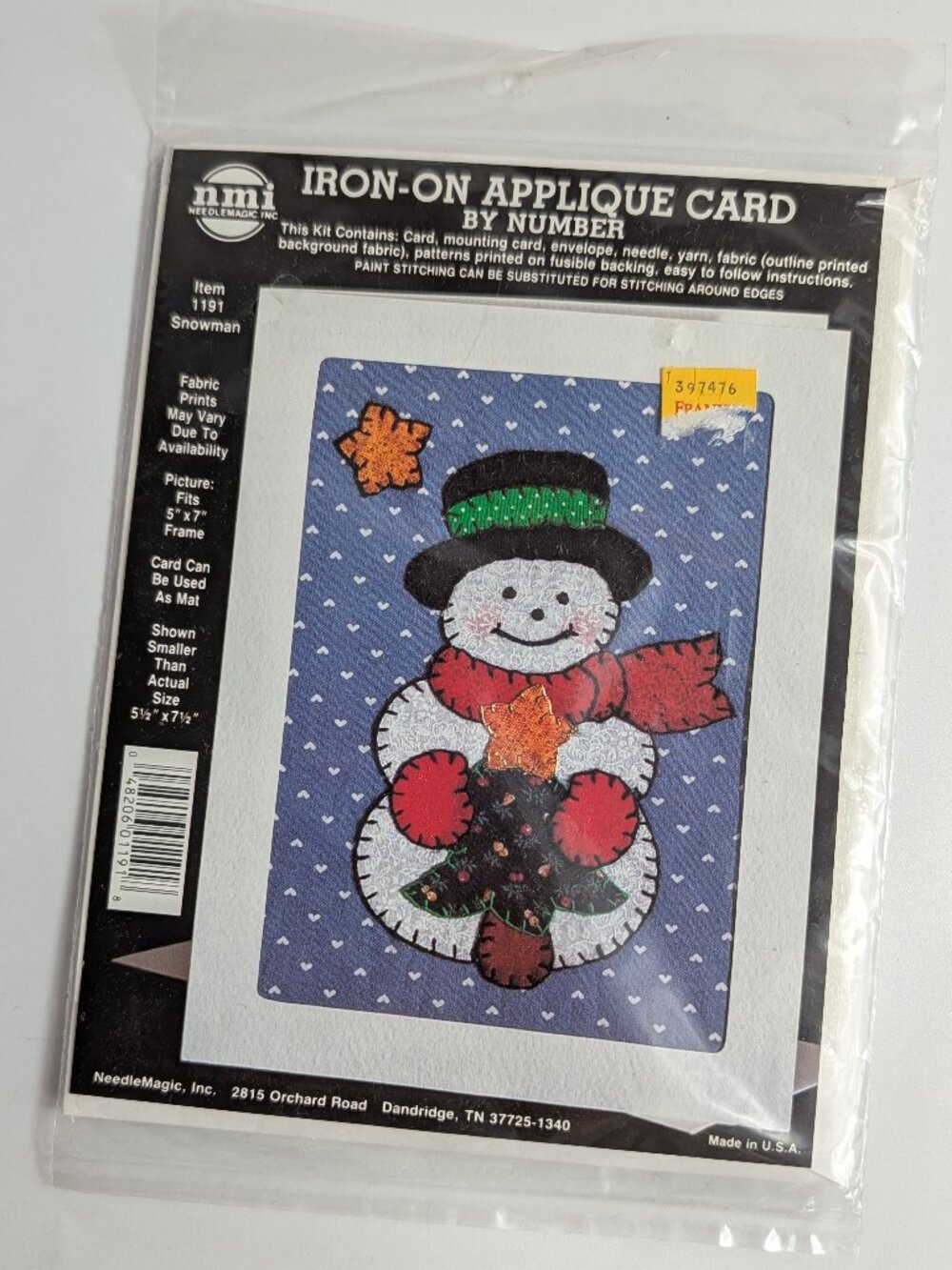 NMI NeedleMagic Iron-On Applique Card by Number Kit Snowman 1191 Made in USA VTG
